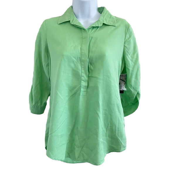 NWT Crown & Ivy Green Collared Henley Blouse Popover Roll Tab Slv Pockets Sz PP - Picture 1 of 6